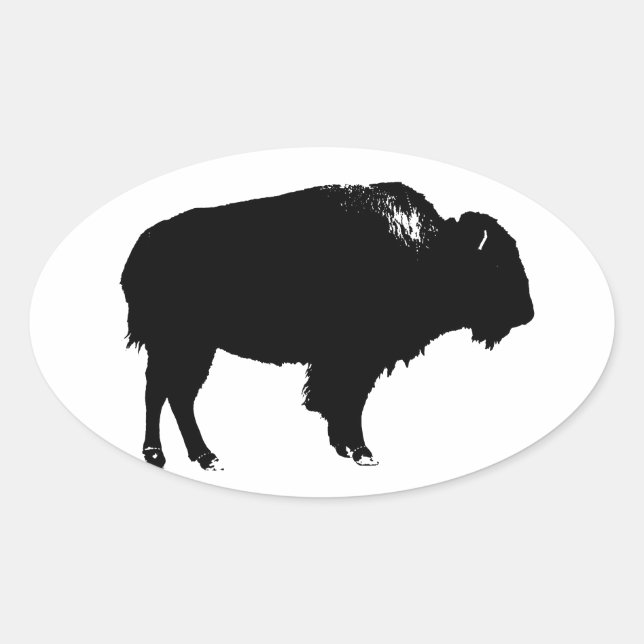 Black & White Bison Buffalo Silhouette Pop Art Oval Sticker (Front)
