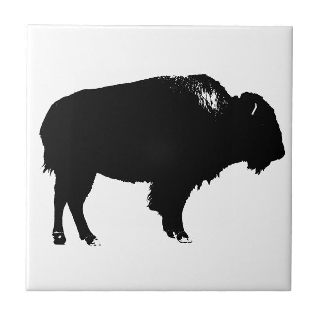 Black & White Bison Buffalo Silhouette Pop Art Tile (Front)