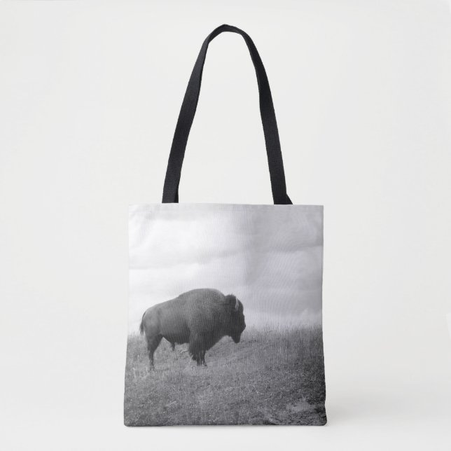 Black & White Bison on a Hill Tote Bag (Front)