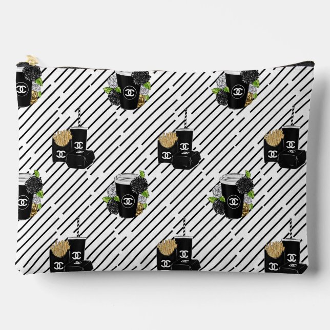 Black & White Bistro Cosmetic Pouch w/ Stripes  (Front)