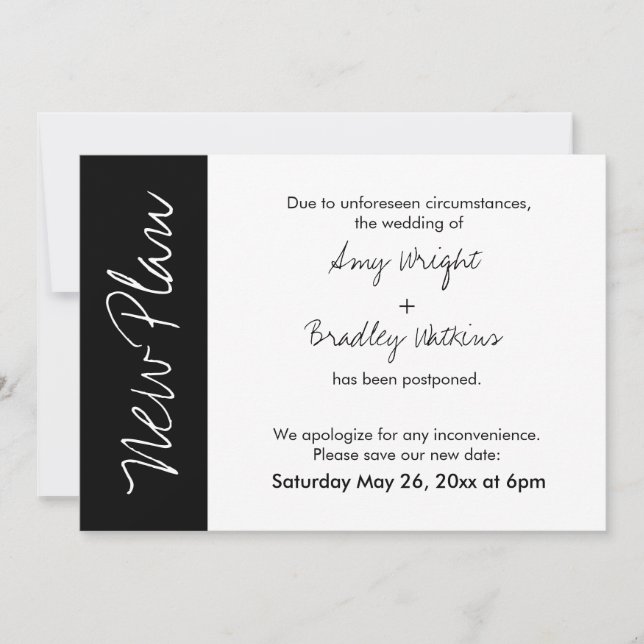 Black White Block New Plan Postponed Wedding Card (Front)