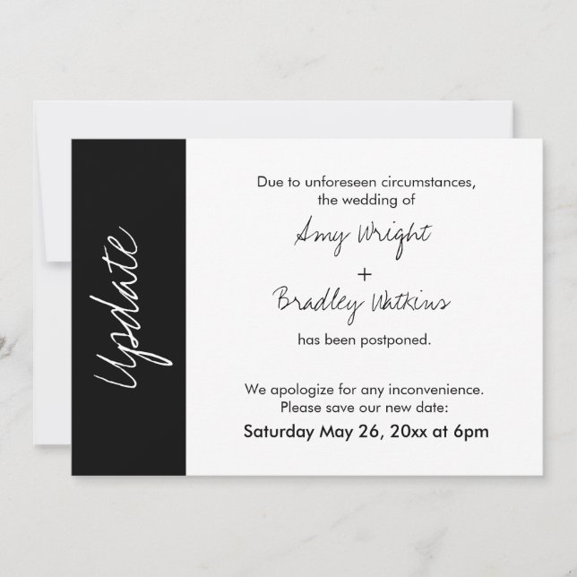 Black White Block Update Postponed Wedding Card (Front)