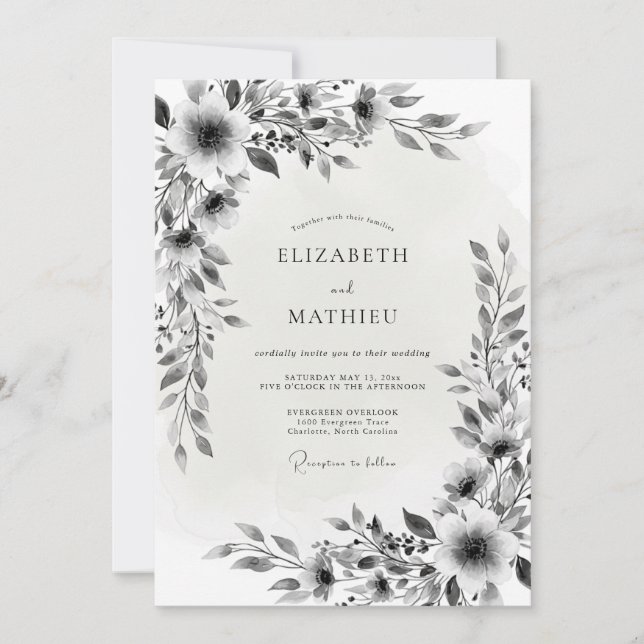 Black White Bloom Romance Wedding Invitation (Front)
