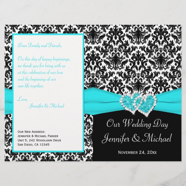 Black White Blue Damask Hearts Wedding Program (Front)