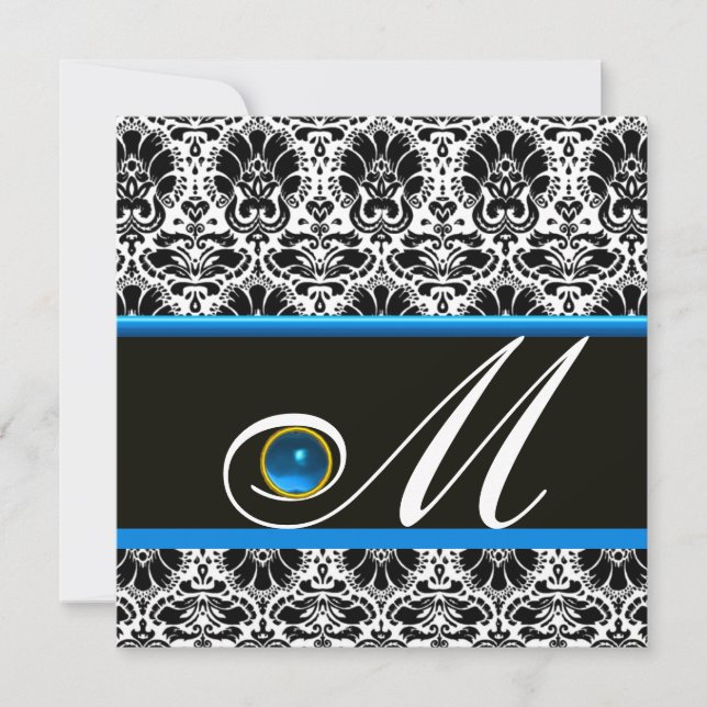 BLACK WHITE BLUE DAMASK MONOGRAM Sapphire Invitation (Front)
