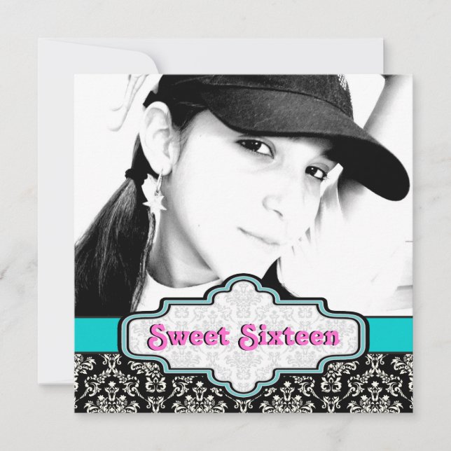 Black white blue damask Sweet Sixteen birthday Invitation (Front)