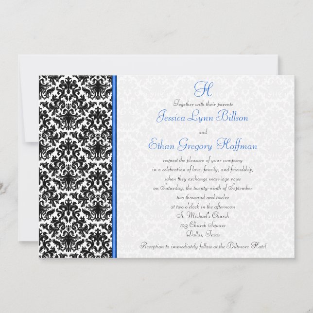 Black, White, Blue Damask Wedding Invitation (Front)
