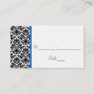 Black, White, Blue Damask Wedding Place Card