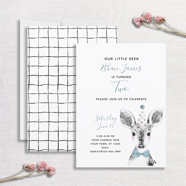Black & White Blue Deer Boy 2nd Birthday Invitation (Creator Uploaded)