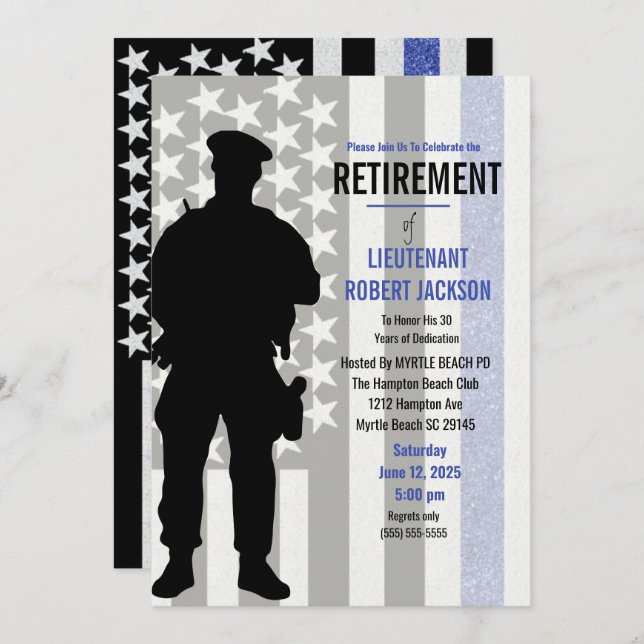 Black White Blue Flag Police Retirement Invitation (Front/Back)