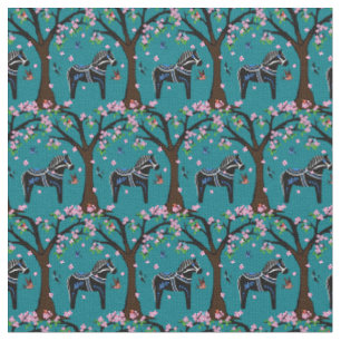 Black/white/blue Folk Dala horse/birds/flowers Fabric