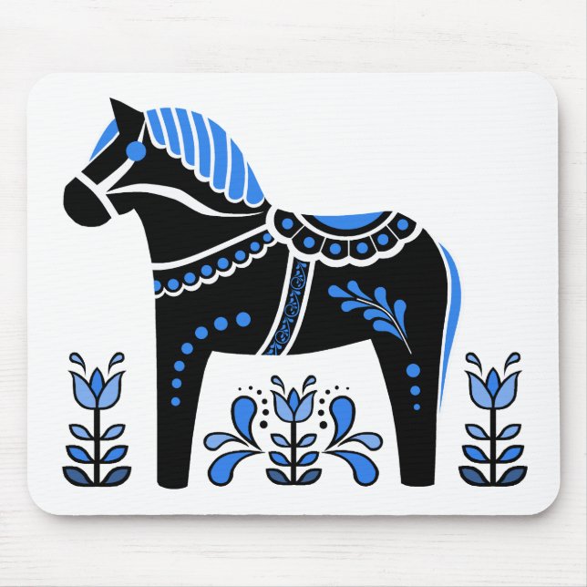 Black/white/blue Folk Dala horse/Folk Friesian Mouse Pad (Front)