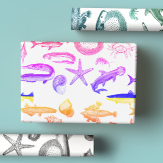 Black & White, Blue Green & Rainbow Sea Creatures  Wrapping Paper Sheet