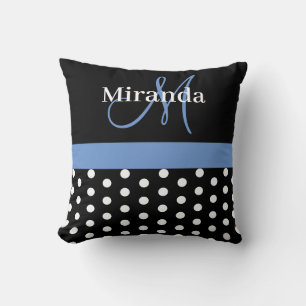 Black White Blue Monogram Script Polka Dots Cushion