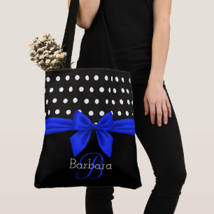 Black White Blue Monogram Script Polka Dots Modern Tote Bag