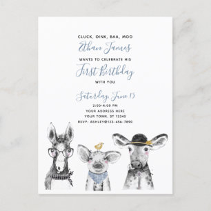 Black White Blue Script Farm Birthday Invitation Postcard