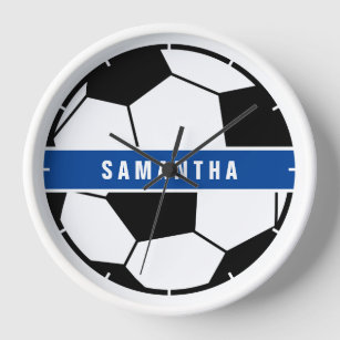 Black White & Blue Soccer Football Sports Monogram Clock