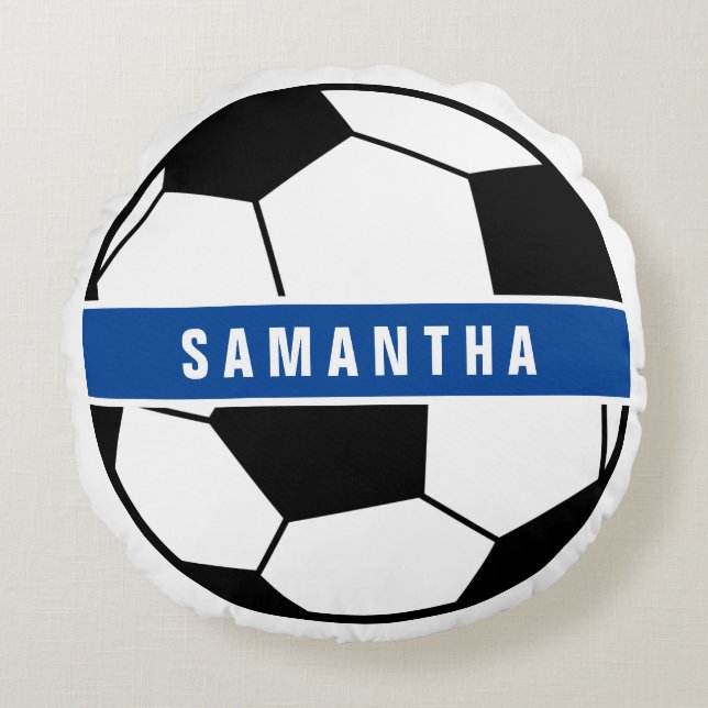 Black White & Blue Soccer Football Sports Monogram Round Cushion (Front)