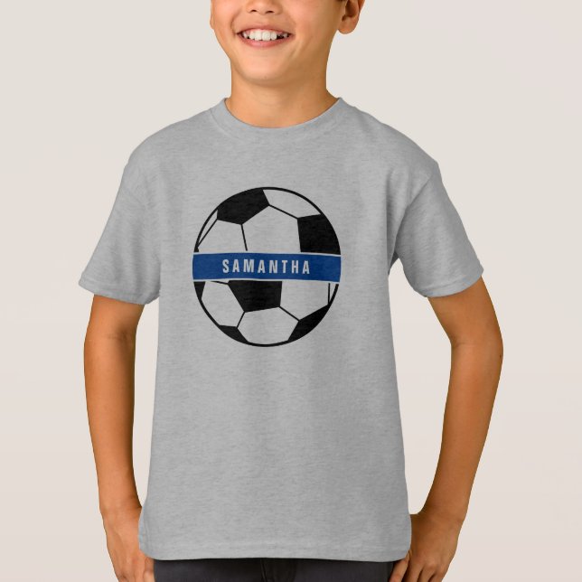 Black White & Blue Soccer Football Sports Monogram T-Shirt (Front)