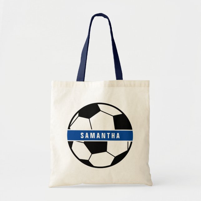 Black White & Blue Soccer Football Sports Monogram Tote Bag (Front)