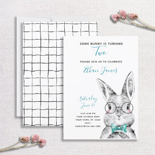 Black & White Blue Some Bunny is Two Birthday Invitation