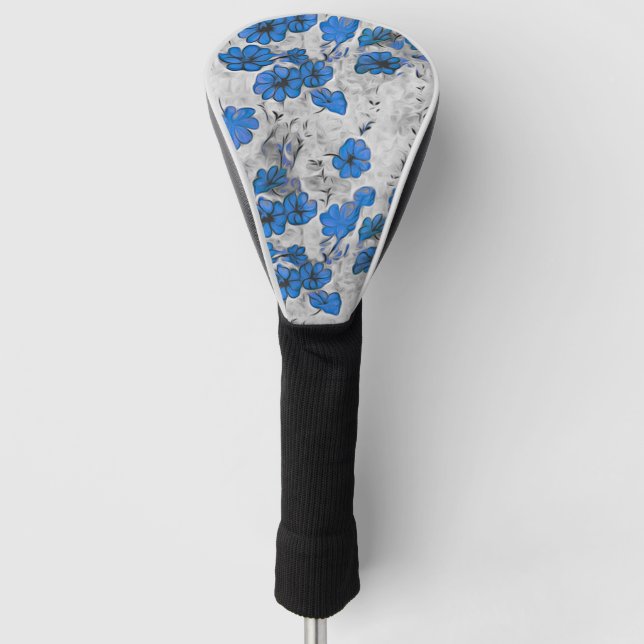 black white blue splash flowers  golf head cover (Front)