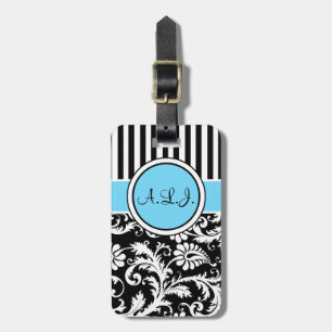 Black, White, Blue Striped Damask Luggage Tag