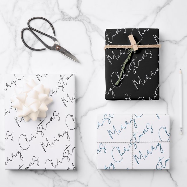 Black, white, blue typography Christmas holiday Wrapping Paper Sheet (Front)