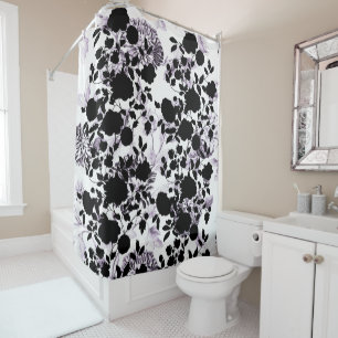 Black White Blush Lavender Purple Floral Toile Shower Curtain