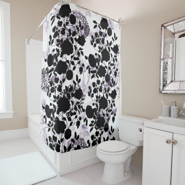 Black White Blush Lavender Purple Floral Toile Shower Curtain (In Situ)