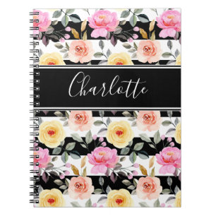 Black White Blush Yellow Pink Floral Script Name Notebook