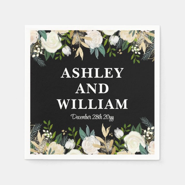 Black & White Boho Bohemian Chic Greenery Wedding Napkin (Front)