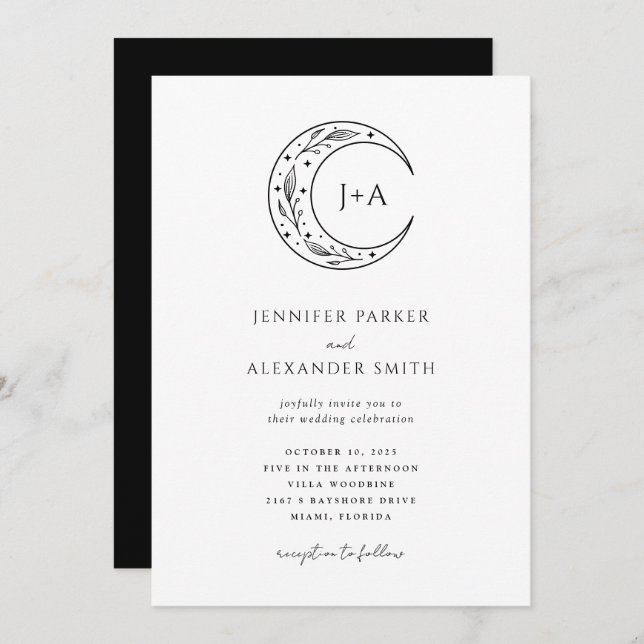 Black White Boho Celestial Wedding Invitation (Front/Back)