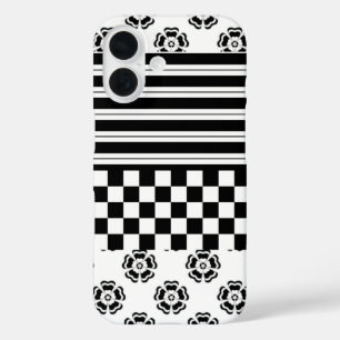Black White Boho Check Floral Stripes Pattern iPhone 16 Case