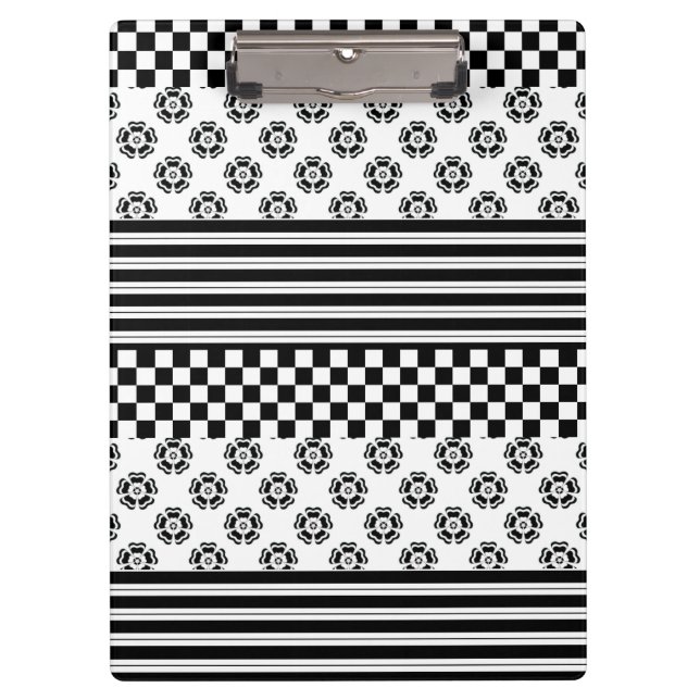 Black White Boho Check Floral Stripes Pattern Clipboard (Front)