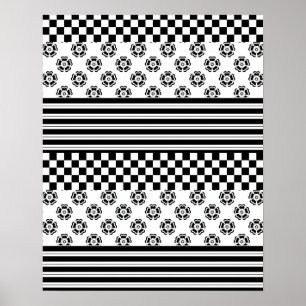 Black White Boho Check Floral Stripes Pattern Poster
