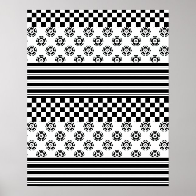 Black White Boho Check Floral Stripes Pattern  Poster (Front)
