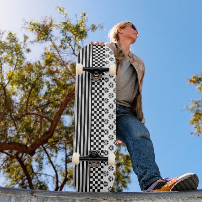 Black White Boho Check Floral Stripes Pattern Skateboard (Creator Uploaded)