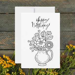 Black & White Boho Floral Happy Birthday Flat Card