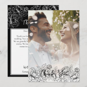 Black White Boho Modern Floral Elegant Photo Thank You Card