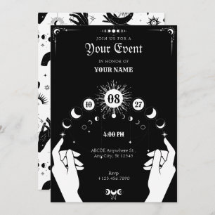 Black white Boho Moon mystical hand  Invitation