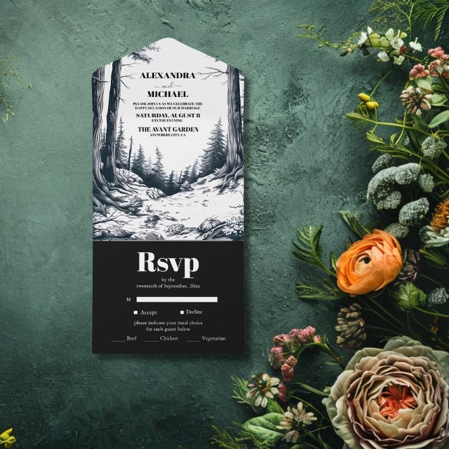 Black White Boho Mountain Forest  Wedding All In One Invitation (Creator Uploaded)