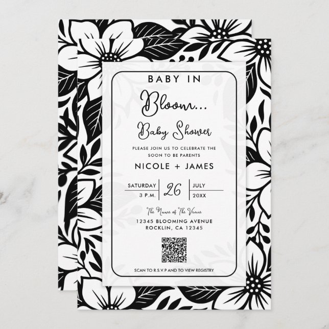 Black & White Bold Floral Bloom Baby Shower Invitation (Front/Back)