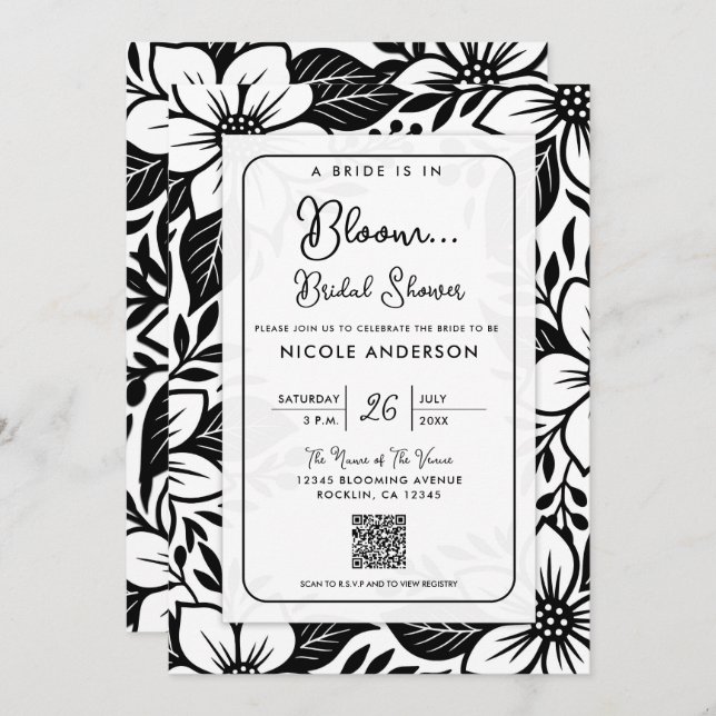 Black & White Bold Floral Bloom Bridal Shower Invitation (Front/Back)