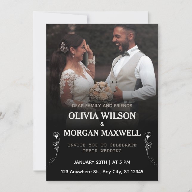 Black & White Bold Gradient Elegant Photo Wedding Invitation (Front)