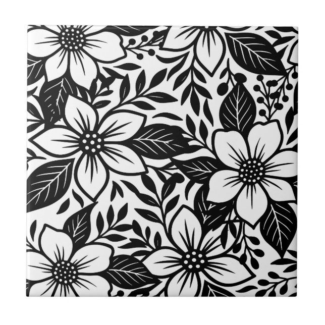 Black & White Bold Modern Floral Bloom  Tile (Front)