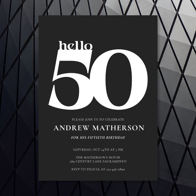 Black White Bold Modern Hello 50 Birthday Party Invitation (Creator Uploaded)