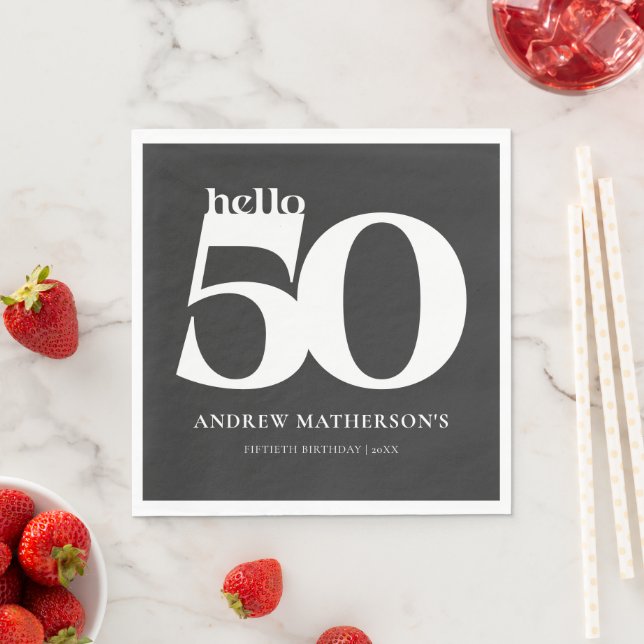 Black White Bold Modern Hello 50 Birthday Party Napkin (Insitu)