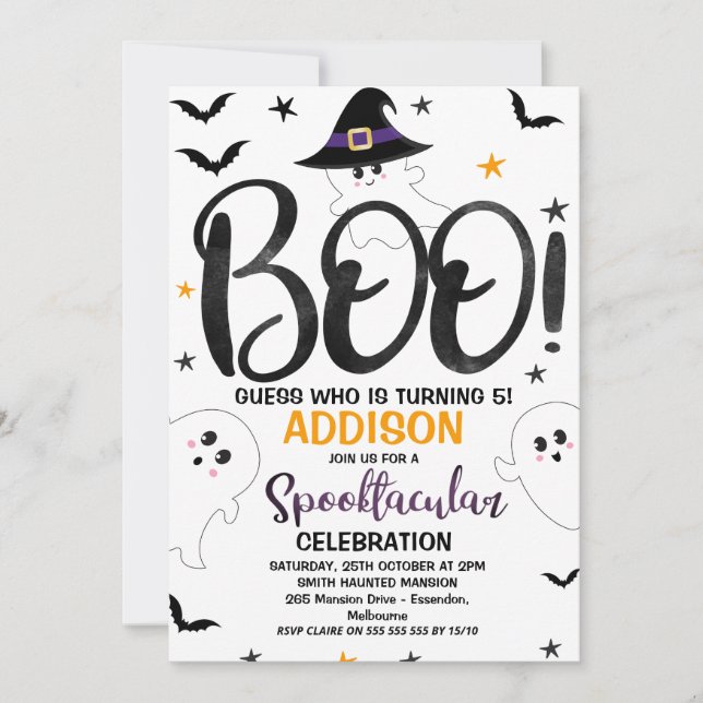 Black White Boo Ghost Halloween Party Birthday Invitation (Front)