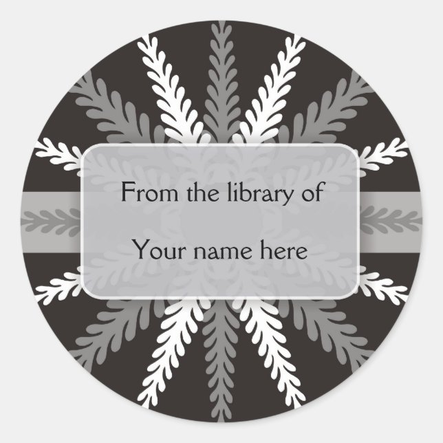 Black White Bookplates-Silver Grey Snowflake Classic Round Sticker (Front)
